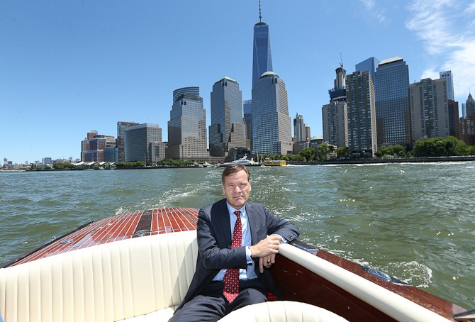 NEW YORK, NY - JUNE 14:  Peter Stas, Frederique Constant CEO, rides in a custom made Destino boat on the Hudson River during the Frederique Constant and Alpina Press Day & Cocktail Event on June 14, 2016 in New York City.  (Photo by Rob Kim/Getty Images for Frederique Constant)